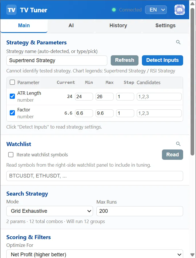 Parameter table with ranges and candidates